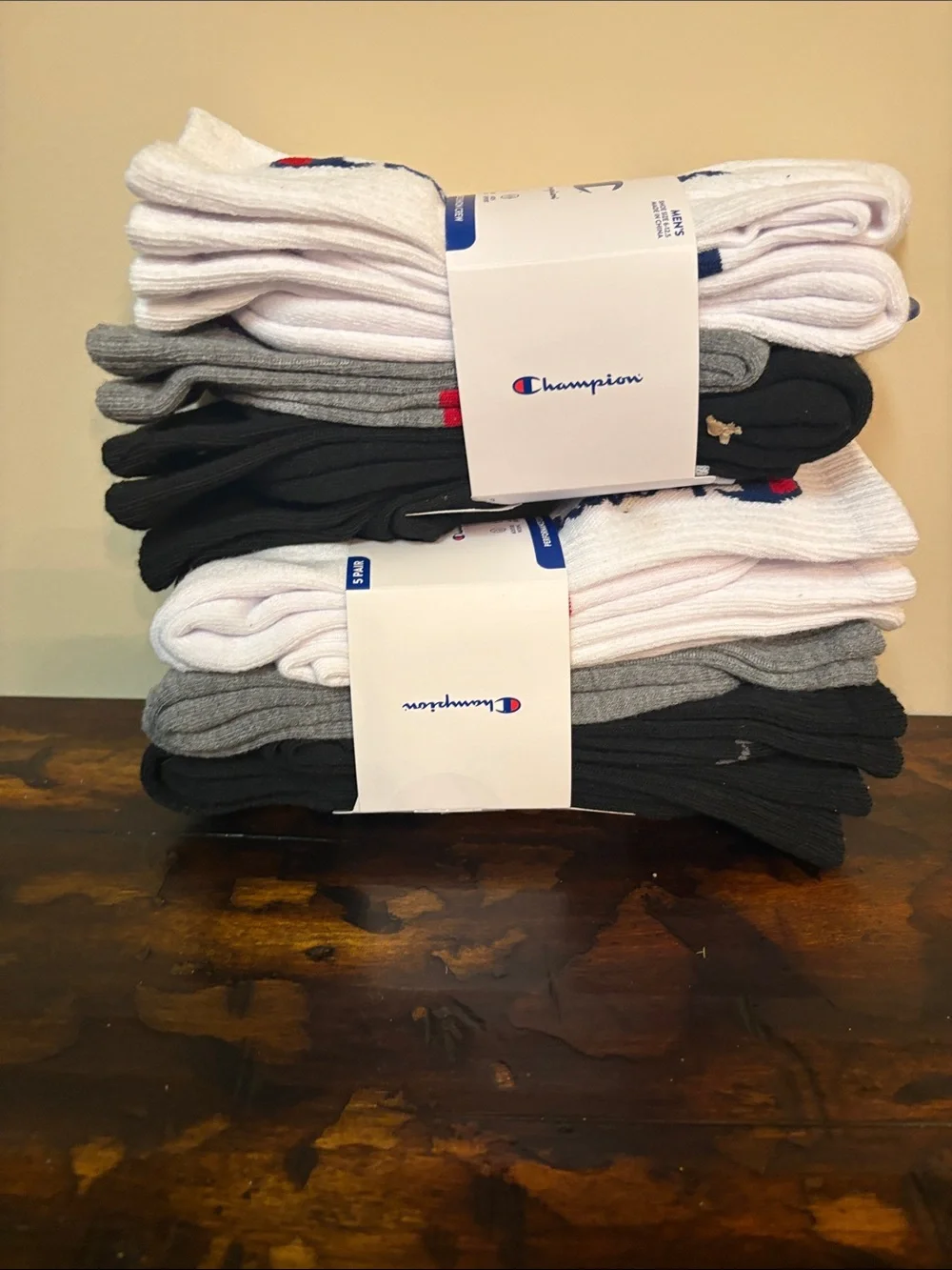 Champion Men's White,Gray & Black Crew Socks Navy & Red Logo 2 Packs of 5 Pairs.